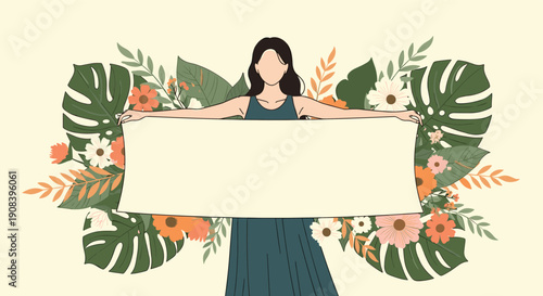 Elegant woman in a dark dress holds a large blank horizontal banner, surrounded by lush tropical monstera leaves and colorful flowers.
