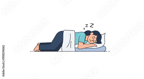 Flat vector illustration shows a young woman sleeping soundly on her side in bed, with Zzz symbols indicating deep and restful sleep.