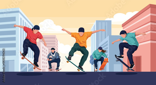 Group of young men perform skillful skateboarding tricks and jumps in an urban setting with modern buildings and a bright orange sky.