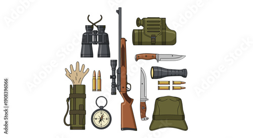 Hunting and tactical gear collection features a wooden rifle, binoculars, survival knife, flashlight, and ammunition on a white background.