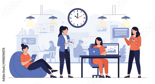 Diverse group of office employees works in a modern coworking space, utilizing laptops and collaborating in a bright professional environment.