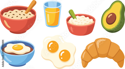 Cute breakfast food vector illustration set with croissant eggs porridge avocado juice and cereal for healthy morning meal designs