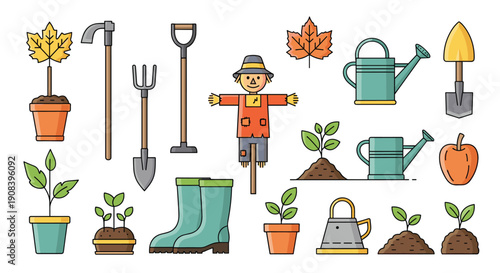 Selection of gardening tools and farming icons including a scarecrow, watering cans, shovels, rubber boots, and potted plant sprouts.