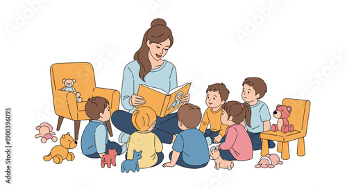 Young woman sits on the floor reading a storybook to a group of toddlers in a cozy daycare room filled with toys and small chairs.