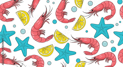 Seamless summer pattern features pink shrimp, blue starfish, yellow lemon wedges, and bubbles against a clean white background for seafood.