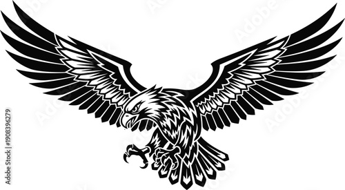 Flying eagle mascot silhouette with open wings and sharp claws, patriotic American bald eagle predator bird vector illustration for sports logo.