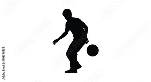 A stark silhouette depicts a person actively kicking a round object possibly a soccer ball against a white background