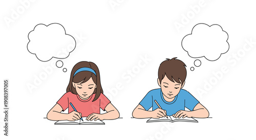 Young boy and girl sitting at desks and studying hard with blank thought bubbles above their heads for educational concept.