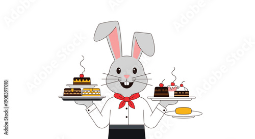 Professional bunny waiter character wearing a bowtie and serving various delicious chocolate and cream cakes on two trays.