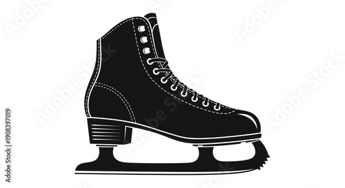 A striking black and white illustration depicts a single ice skate in profile showcasing its detailed design high quality professional