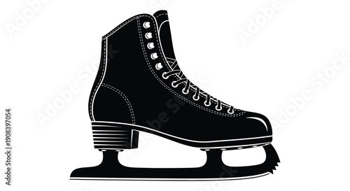 A stark black and white illustration depicts a single ice skate showcasing its classic design and metallic blade high quality