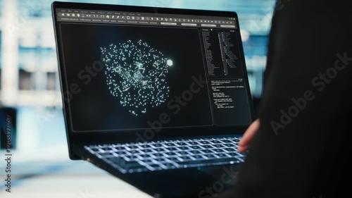 Data center female programmer using AI LLM model on laptop to optimize equipment rigs. Woman in server hub using large language model neural network technology to adjust system parameters, camera B