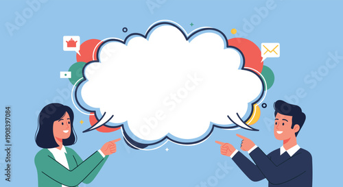 Man and woman in professional attire pointing towards a large empty cloud speech bubble for communication and messaging.