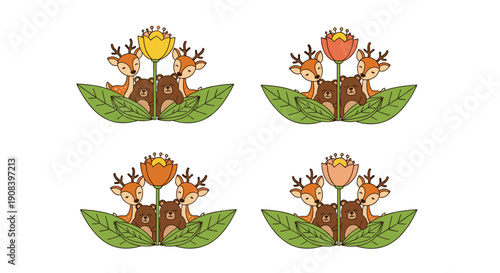 Cute illustration of two baby bears and two fawns sitting together behind large green leaves with a tall flower in four color schemes.