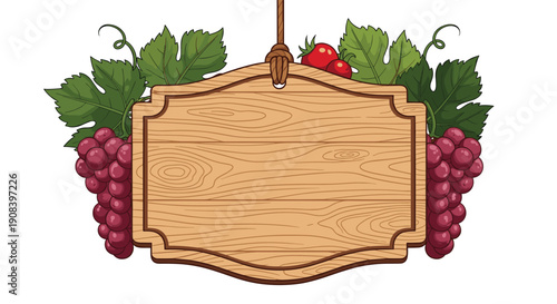 Decorative wooden sign board hanging from a rope surrounded by ripe purple grapes green leaves and small red tomatoes.