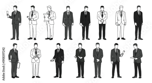 Large collection of diverse businessmen figures in suits and formal wear in various standing poses for corporate and professional themes.