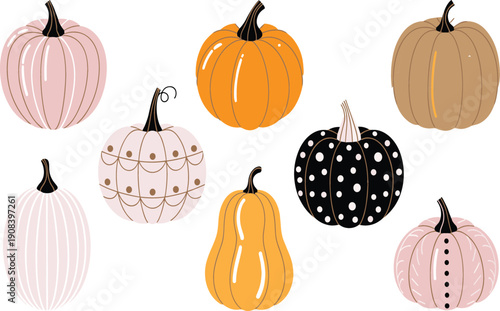 Cute pastel pumpkin vector illustration set with hand drawn autumn gourds for halloween harvest thanksgiving decor and fall seasonal designs