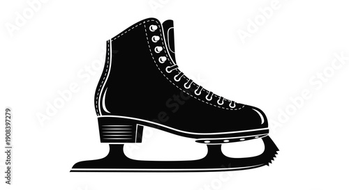 A sleek black and white illustration depicts a single ice skate in a side profile view showcasing its design