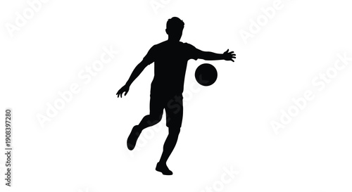 A stark silhouette depicts a person dynamically engaged in playing with a spherical ball mid action high quality professional