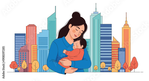 Loving mother holding her sleeping baby in her arms with a colorful modern city skyline and trees in the background.