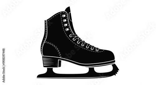 A stark black and white illustration depicts a single ice skate showcasing its laces sole and blade high quality professional