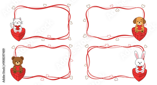 Set of four decorative frames for love letters or valentines featuring a cat dog bear and rabbit holding red hearts.