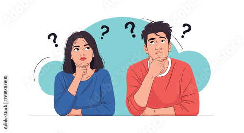 Concerned man and woman looking upwards and thinking with several question marks around their heads for problem solving concept.