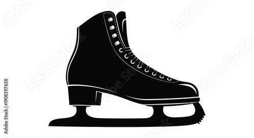 A sleek black and white illustration depicts a single ice skate in profile emphasizing its metallic blade high quality professional