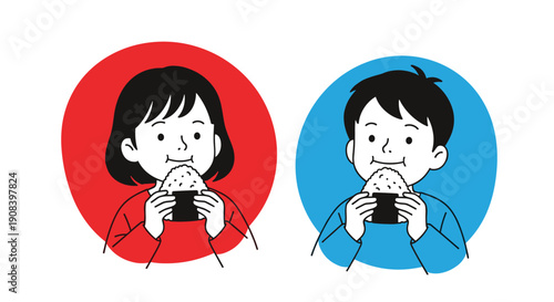 Young boy and girl happily eating japanese onigiri rice balls in red and blue circular frames for healthy snack concept.