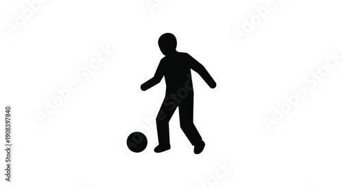 A simple black silhouette depicts a person in motion appearing to kick a small round ball high quality