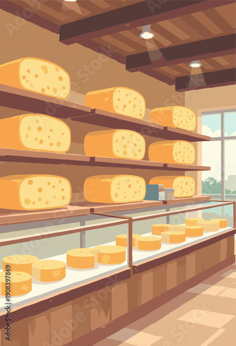 Cheese Shop Fromagerie Large wheels cheese wooden shelves glass counter Food