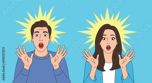 Man and woman with wide eyes and open mouths expressing shock and surprise with yellow starburst behind their heads.