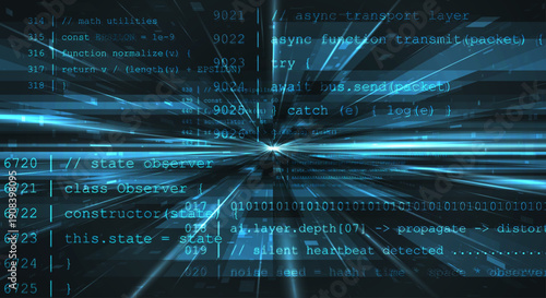 Matrix code tunnel background. Binary data stream digital technology concept. Futuristic blue cyber space, 3D data flow, AI network, computer system, abstract virtual corridor and information speed