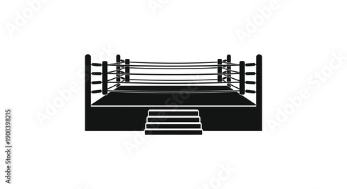 A stark black silhouette depicts a professional boxing ring with ropes corner posts and steps high quality detailed