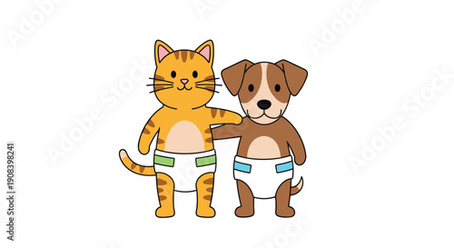 Cute ginger cat and brown dog are standing side by side wearing white pet diapers with green and blue tabs on a white background.