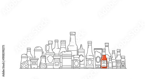 Large collection of condiment and sauce bottles in outline style is displayed, with a single ketchup bottle highlighted in bright red color.