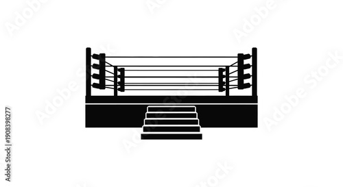 A minimalist black and white illustration depicts a boxing ring with ropes corner posts and steps high quality