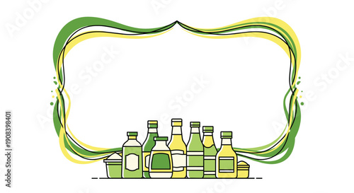 Assortment of colorful condiment and sauce bottles are clustered at the base of a wavy decorative green and yellow frame with text space.