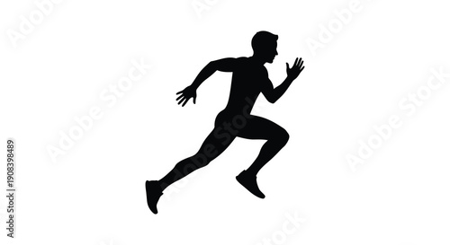 A stark silhouette of a man mid stride dynamically running forward against a completely white background high quality professional
