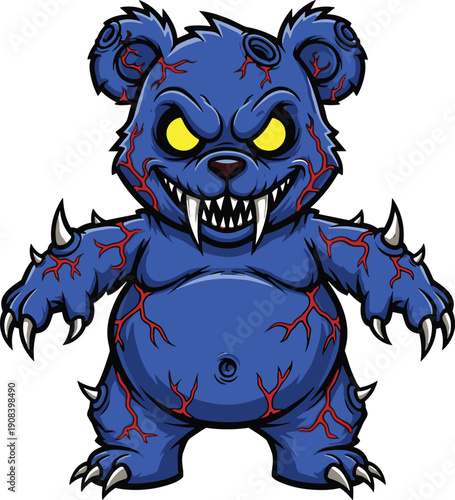 Aggressive Blue Monster Teddy Bear Vector Illustration with Sharp Teeth Yellow Eyes and Red Veins for Gaming and Streetwear Design