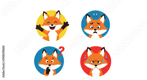Set of four circular fox character icons shows different emotions including happy, sad, thoughtful, and angry or stressed expressions.