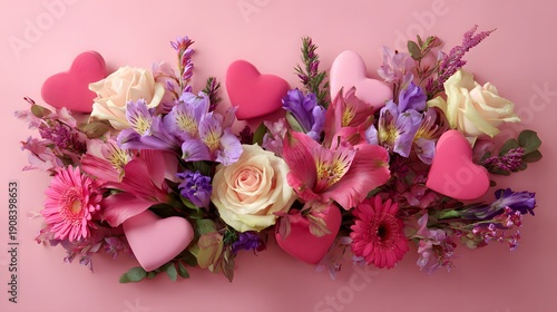 Beautiful Floral Arrangement with Pink Hearts for Valentines Day.