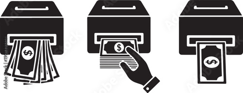 Black and white of money coming out of a cash box dollar bill bills hand