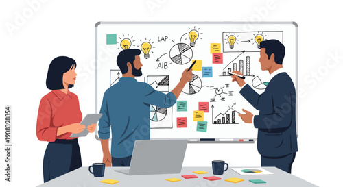 Flat vector illustration of startup team brainstorming ideas on whiteboard with sticky notes and charts, showing innovation, creative thinking, and collaborative teamwork environment