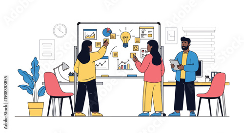 Flat vector illustration of startup team brainstorming ideas on whiteboard with sticky notes and charts, showing innovation, creative thinking, and collaborative teamwork environment