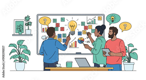 Flat vector illustration of startup team brainstorming ideas on whiteboard with sticky notes and charts, showing innovation, creative thinking, and collaborative teamwork environment