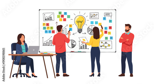Flat vector illustration of startup team brainstorming ideas on whiteboard with sticky notes and charts, showing innovation, creative thinking, and collaborative teamwork environment