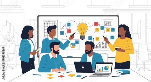 Flat vector illustration of startup team brainstorming ideas on whiteboard with sticky notes and charts, showing innovation, creative thinking, and collaborative teamwork environment