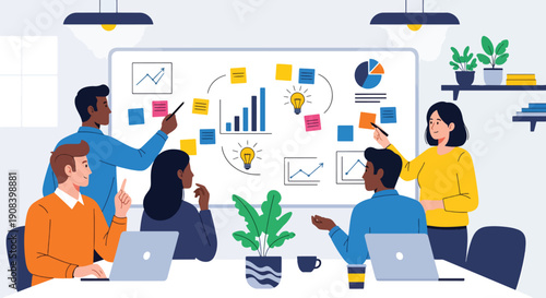 Flat vector illustration of startup team brainstorming ideas on whiteboard with sticky notes and charts, showing innovation, creative thinking, and collaborative teamwork environment