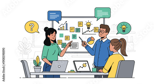 Flat vector illustration of startup team brainstorming ideas on whiteboard with sticky notes and charts, showing innovation, creative thinking, and collaborative teamwork environment